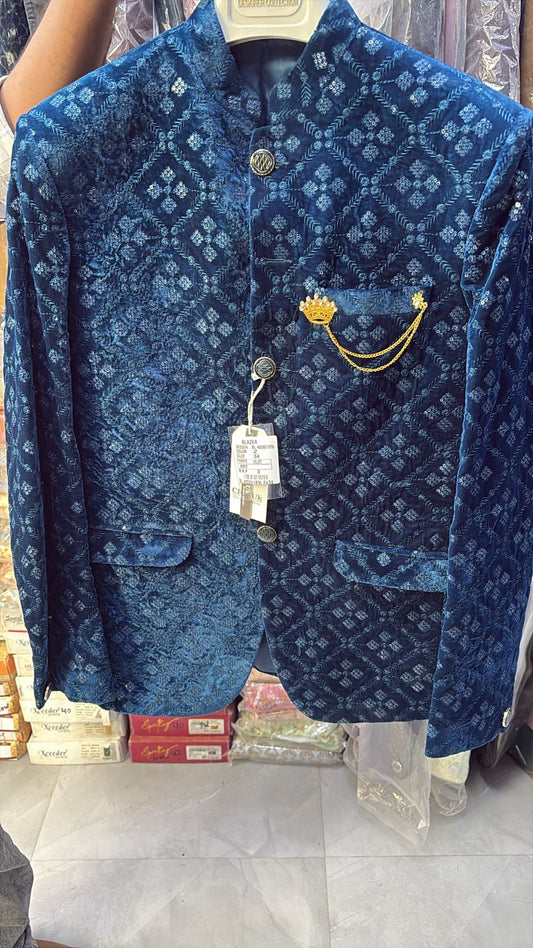 Men's Jodhpuri Velvet  Light blue Suit With Pant