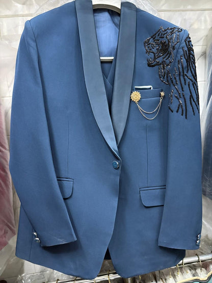 Club AK Men’s Blue Embroidery Three Piece Tuxedo Suit