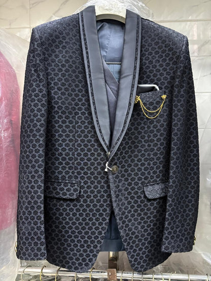 Club AK Men’s Premium Navy Blue Textured Three Piece Tuxedo Suit