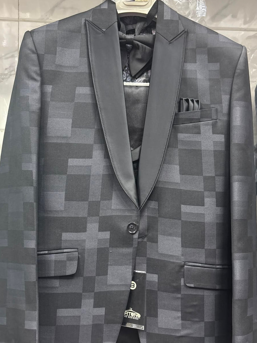 Club AK Men's Premium Charcoal Grey Checked Three-Piece Suit