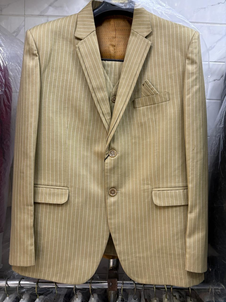 CLUB AK Men's Sand Beige Pinstripe Three Piece Suit for Men | Premium Formal & Party Wear