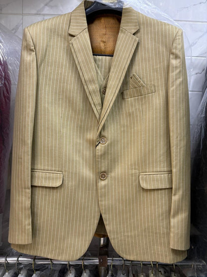 CLUB AK Men's Sand Beige Pinstripe Three Piece Suit for Men | Premium Formal & Party Wear