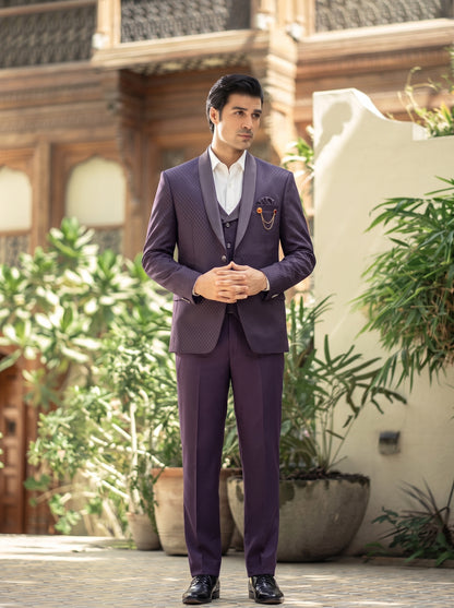 Club AK Men's Premium Purple Textured Three-Piece Suit with Designer Waistcoat & Satin Shawl Lapel