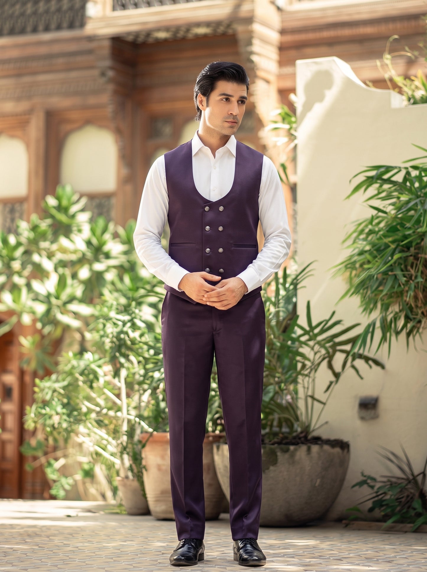 Club AK Men's Premium Purple Textured Three-Piece Suit with Designer Waistcoat & Satin Shawl Lapel