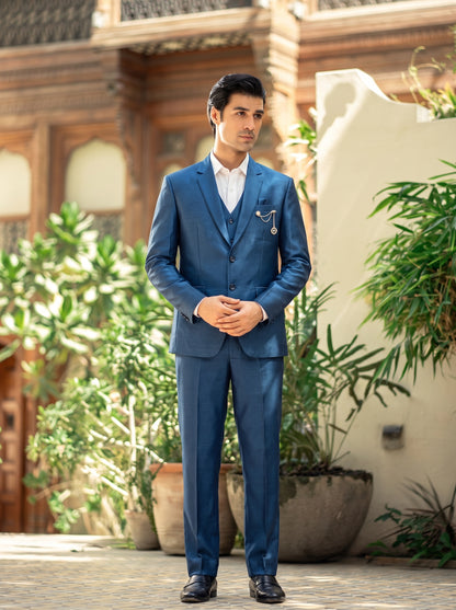 Club AK Men's Steel Blue Premium Three-Piece Suit with Waistcoat & Designer Chain Brooch