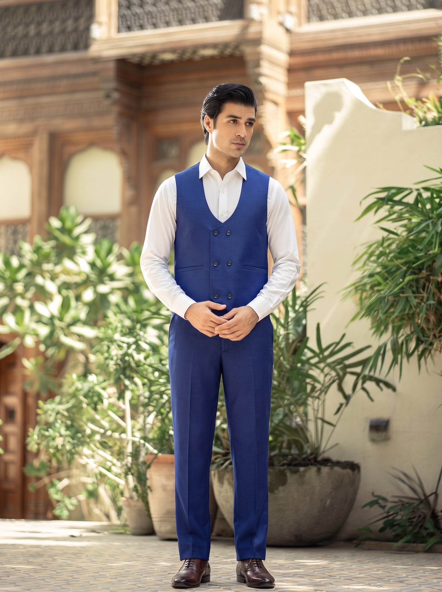 Club AK Men's Steel Blue Premium Three-Piece Suit with Waistcoat | Slim Fit Formal Wedding Suit for Men