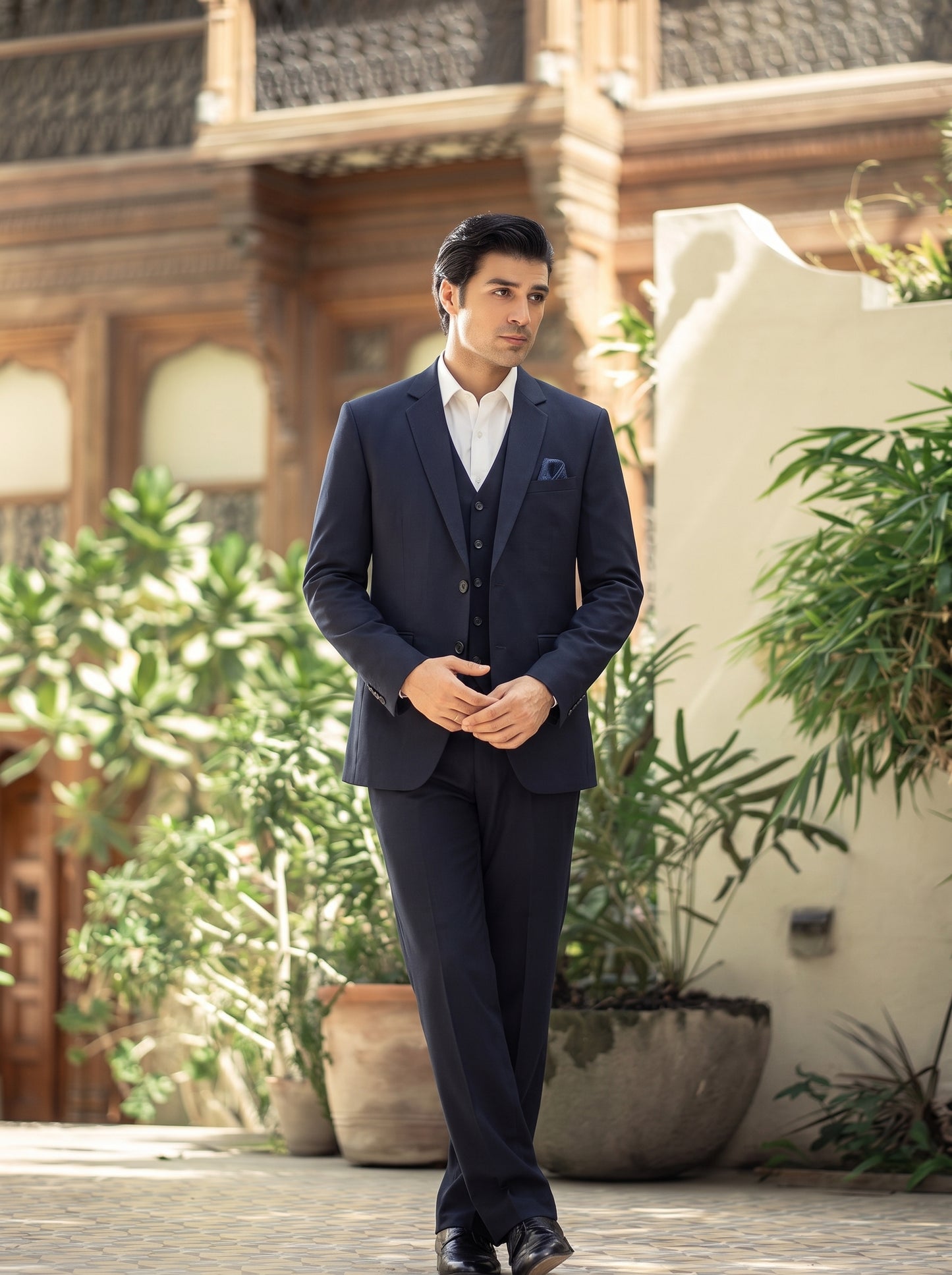 Club AK Men's Navy Blue Premium Three-Piece Suit with Waistcoat