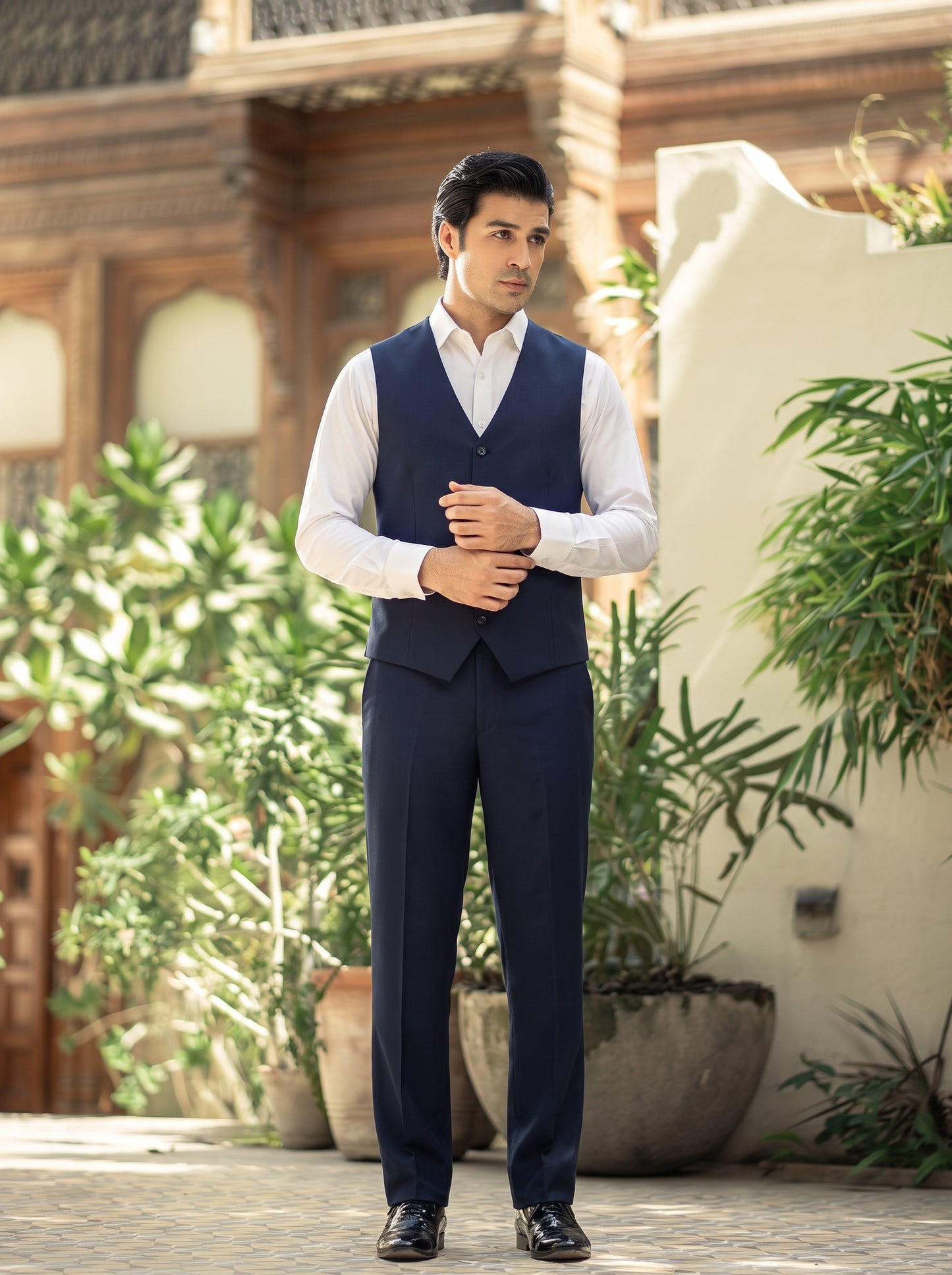 Club AK Men's Navy Blue Premium Three-Piece Suit with Waistcoat