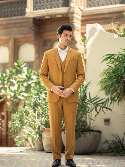 Club AK Men's Mustard Gold Premium Three-Piece Suit with Waistcoat | Slim Fit Formal Wedding Suit for Men
