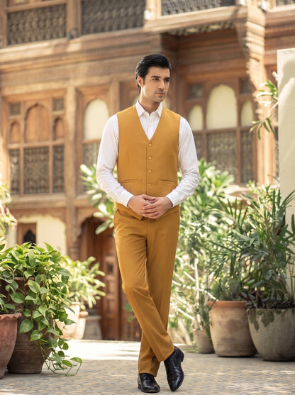 Club AK Men's Mustard Gold Premium Three-Piece Suit with Waistcoat | Slim Fit Formal Wedding Suit for Men
