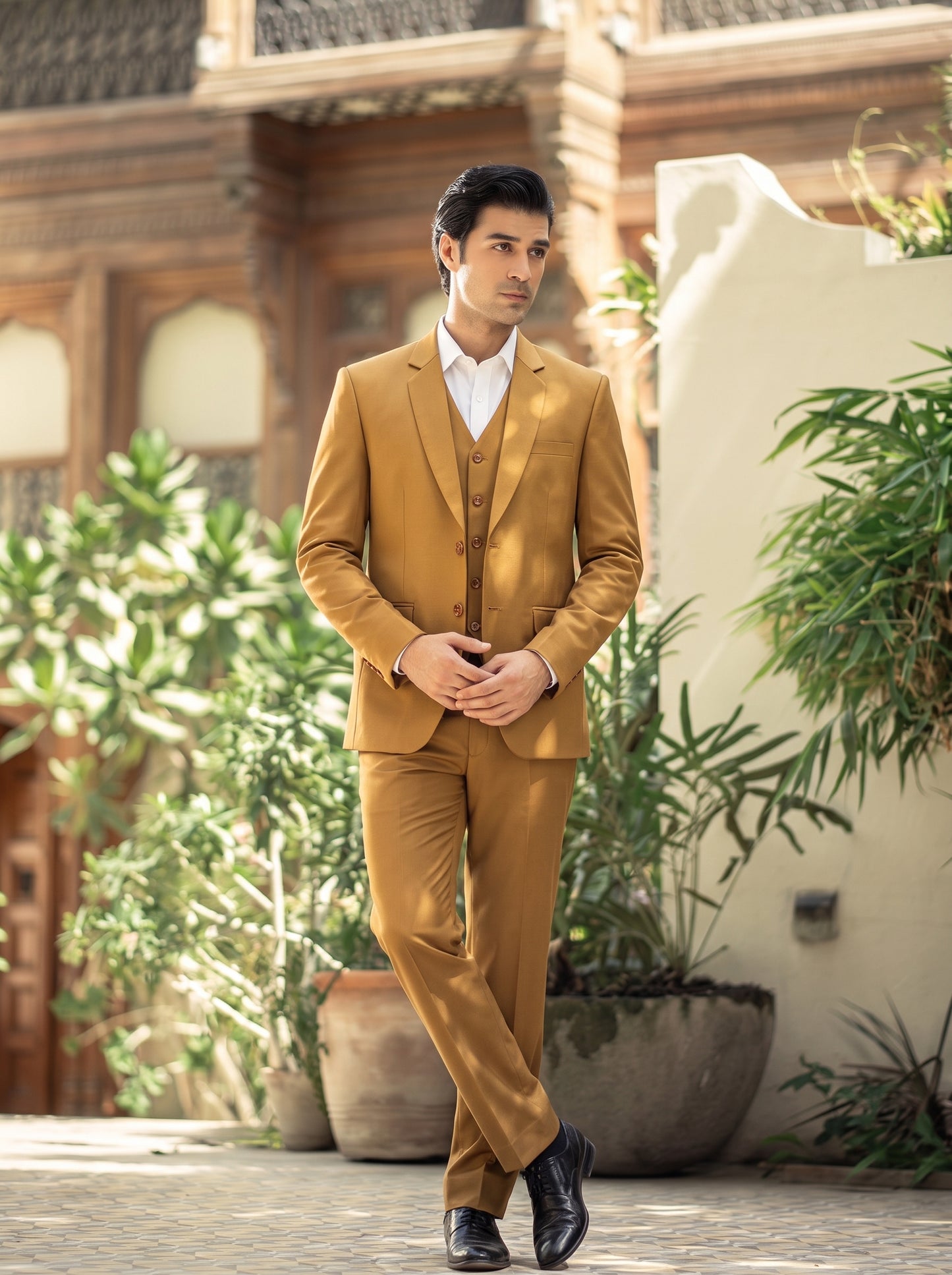 Club AK Men's Mustard Gold Premium Three-Piece Suit with Waistcoat