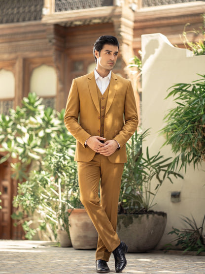 Club AK Men's Mustard Gold Premium Three-Piece Suit with Waistcoat