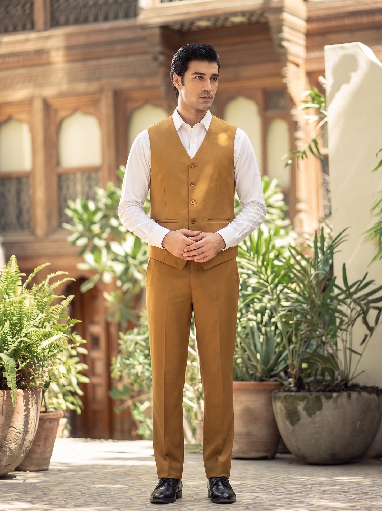 Club AK Men's Mustard Gold Premium Three-Piece Suit with Waistcoat