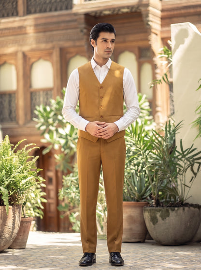 Club AK Men's Mustard Gold Premium Three-Piece Suit with Waistcoat