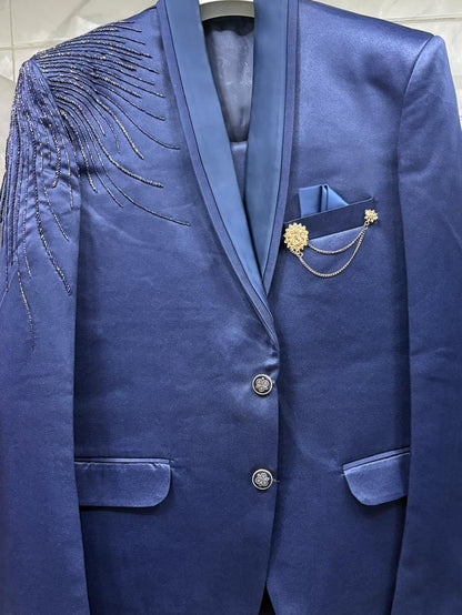 CLUB AK Men's Premium Royal Blue Embroidered Three-Piece Suit for Men | Luxury Groom & Reception Wear