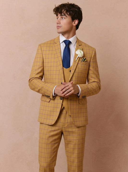 Mustard Gold Checkered 3 Piece Suit for Men