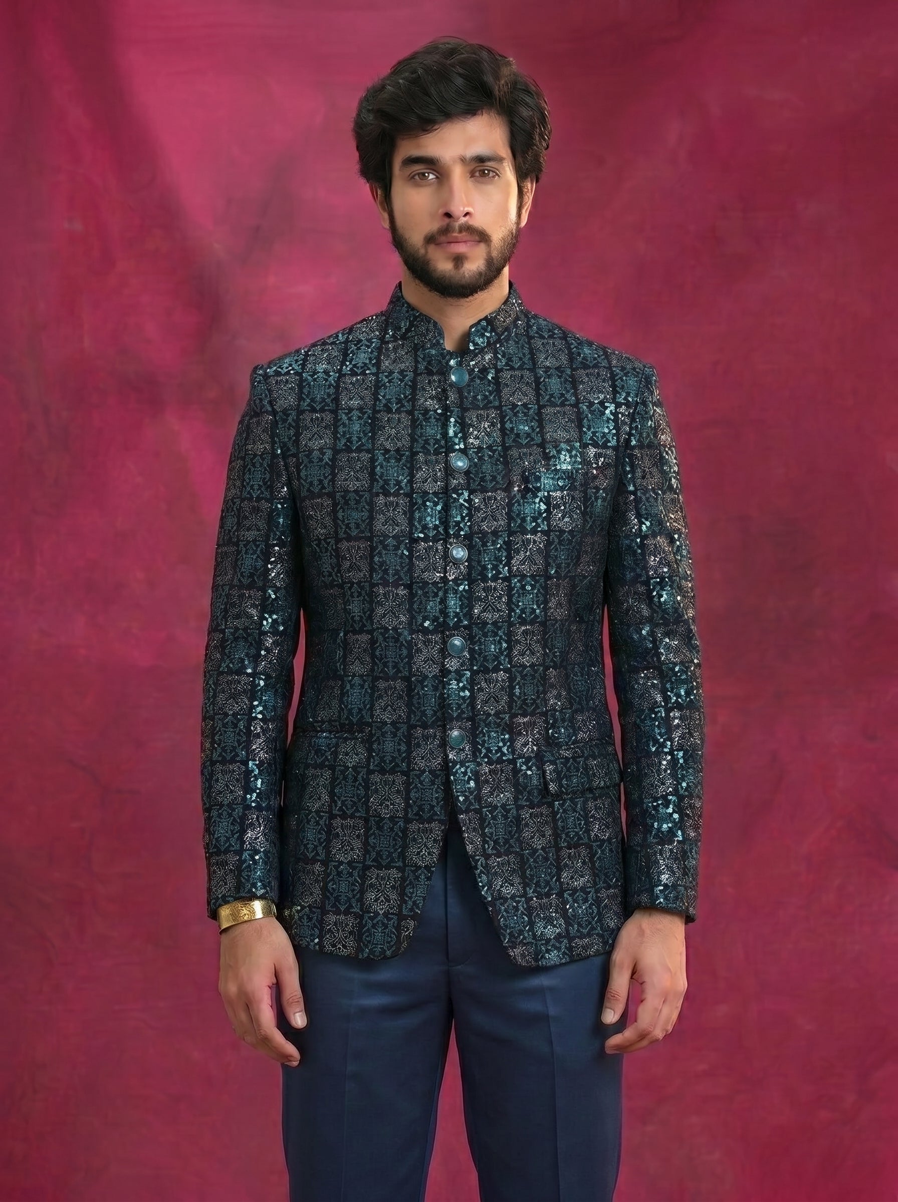 Jodhpuri Peacock Blue velvet Suits with Pant for Men for Wedding
