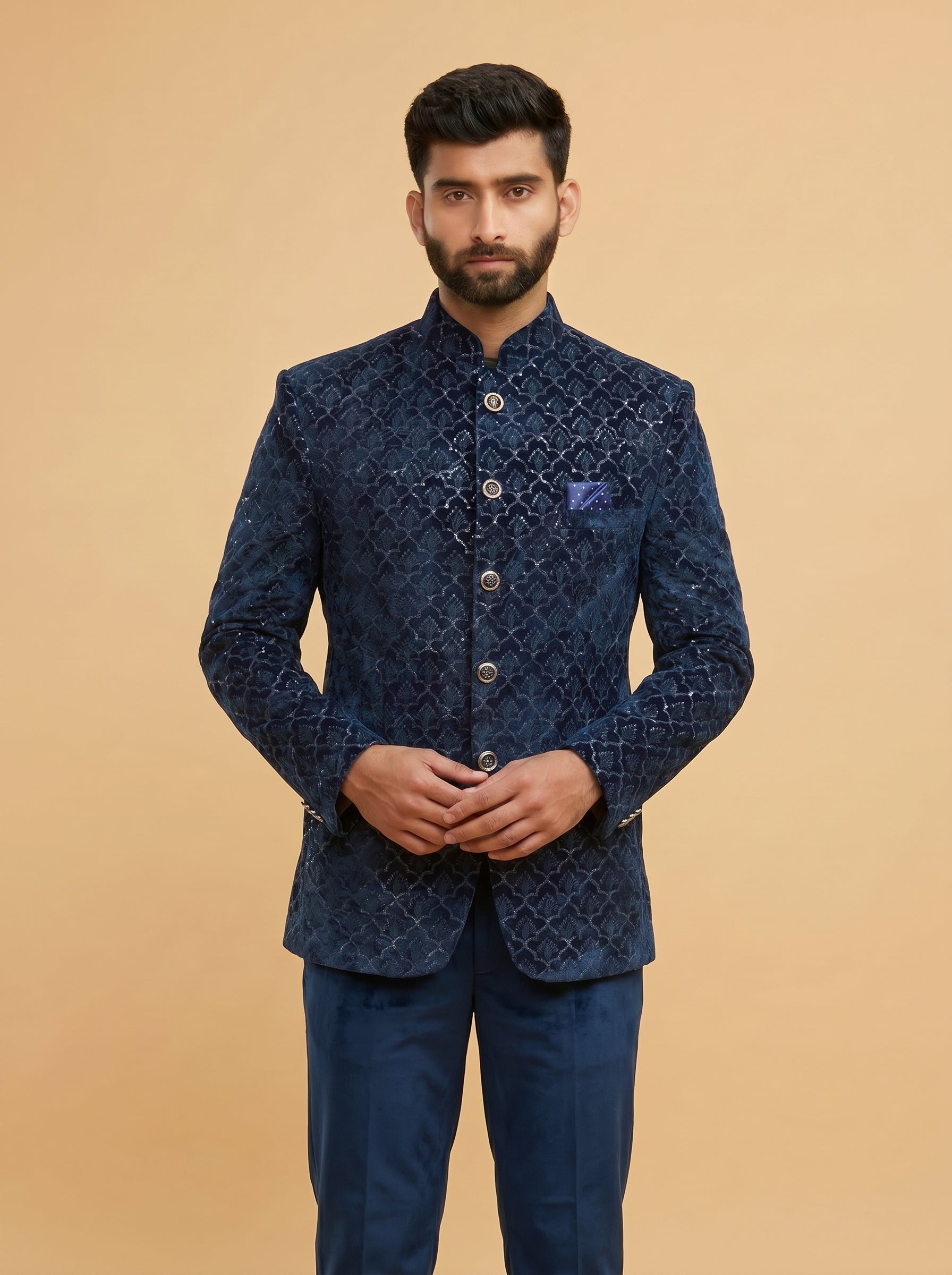 Men's Jodhpuri Velvet blue  Suit With Pant